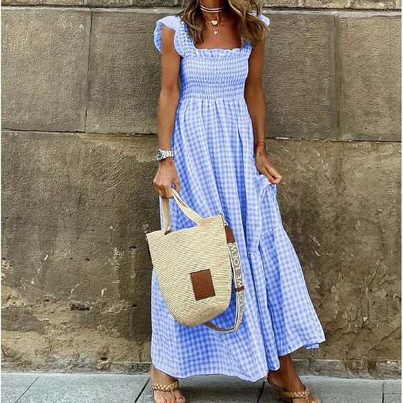 Dmoyala Dresses & Skirts - Smocked Gingham Maxi Dress - Blue